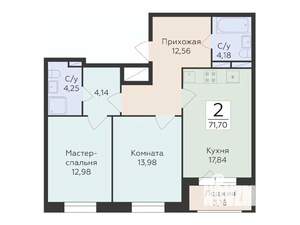 2-к квартира, строящийся дом, 72м2, 14/18 этаж