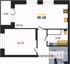 1-к квартира, вторичка, 46м2, 6/25 этаж