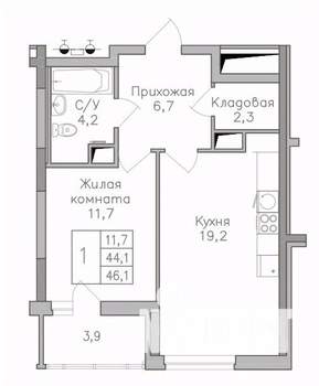 1-к квартира, строящийся дом, 46м2, 20/25 этаж