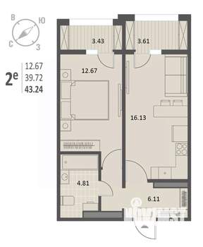 1-к квартира, вторичка, 43м2, 12/18 этаж