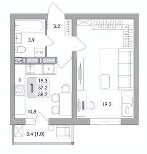 1-к квартира, вторичка, 38м2, 12/17 этаж