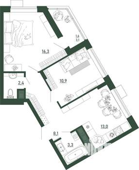 2-к квартира, строящийся дом, 56м2, 1/13 этаж