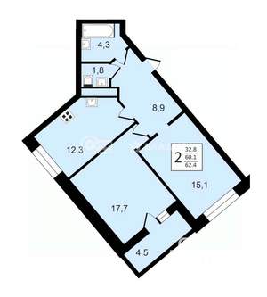 2-к квартира, строящийся дом, 62м2, 8/24 этаж