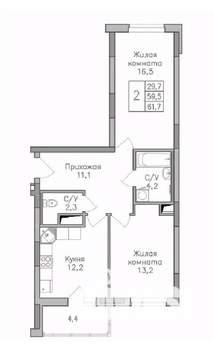 2-к квартира, строящийся дом, 62м2, 22/25 этаж