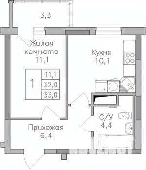 1-к квартира, строящийся дом, 33м2, 6/25 этаж