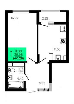 1-к квартира, строящийся дом, 40м2, 6/9 этаж