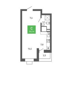 Студия квартира, строящийся дом, 34м2, 6/15 этаж
