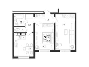 2-к квартира, вторичка, 59м2, 2/17 этаж