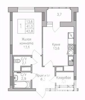 1-к квартира, строящийся дом, 43м2, 3/10 этаж