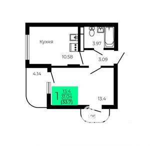 1-к квартира, строящийся дом, 34м2, 5/9 этаж