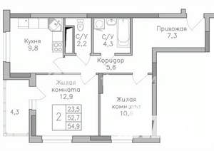 2-к квартира, строящийся дом, 55м2, 3/25 этаж