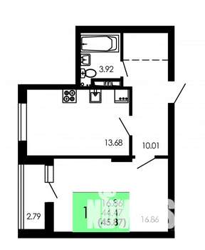 1-к квартира, строящийся дом, 46м2, 5/9 этаж