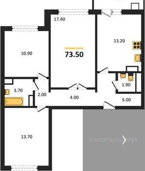 3-к квартира, вторичка, 74м2, 3/17 этаж