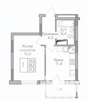 1-к квартира, строящийся дом, 39м2, 1/25 этаж