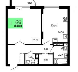 1-к квартира, строящийся дом, 54м2, 5/9 этаж