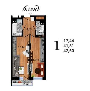 1-к квартира, строящийся дом, 43м2, 3/27 этаж