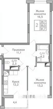 2-к квартира, строящийся дом, 62м2, 22/25 этаж
