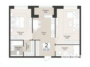 2-к квартира, строящийся дом, 64м2, 1/8 этаж