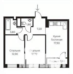 2-к квартира, вторичка, 59м2, 7/14 этаж