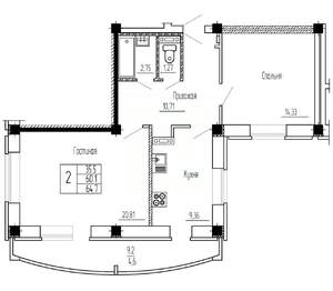 2-к квартира, строящийся дом, 65м2, 15/16 этаж