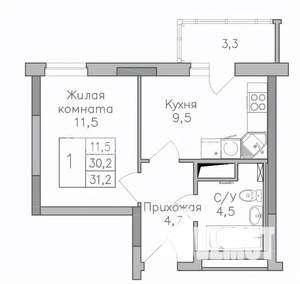 1-к квартира, строящийся дом, 31м2, 20/25 этаж