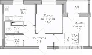2-к квартира, строящийся дом, 47м2, 15/25 этаж