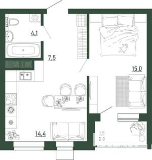 2-к квартира, вторичка, 43м2, 2/13 этаж