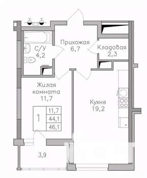 1-к квартира, строящийся дом, 46м2, 9/25 этаж
