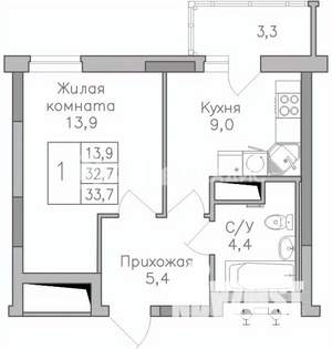 1-к квартира, строящийся дом, 34м2, 7/25 этаж