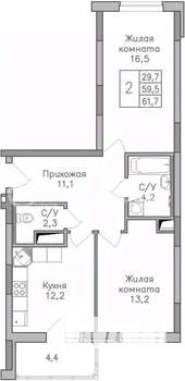 2-к квартира, строящийся дом, 62м2, 12/25 этаж