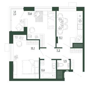 2-к квартира, строящийся дом, 50м2, 10/13 этаж