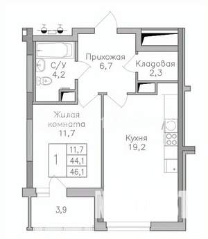 1-к квартира, вторичка, 46м2, 14/25 этаж
