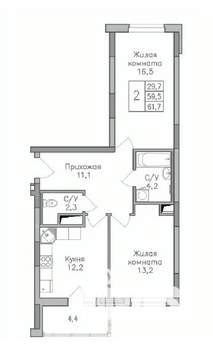 2-к квартира, строящийся дом, 62м2, 18/25 этаж
