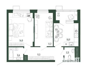2-к квартира, строящийся дом, 56м2, 4/13 этаж