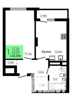 1-к квартира, строящийся дом, 46м2, 4/9 этаж