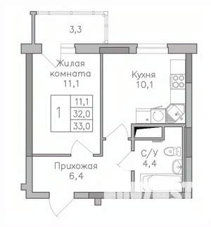 1-к квартира, строящийся дом, 33м2, 22/25 этаж