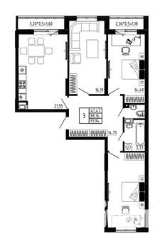 3-к квартира, вторичка, 92м2, 2/17 этаж