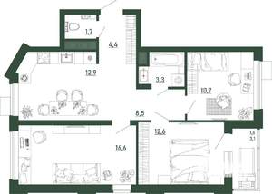3-к квартира, строящийся дом, 72м2, 10/13 этаж