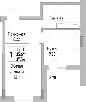 1-к квартира, строящийся дом, 38м2, 12/18 этаж