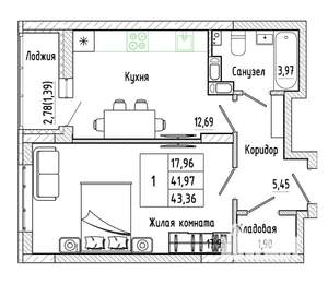1-к квартира, вторичка, 43м2, 8/17 этаж