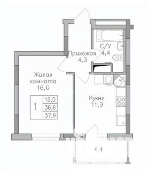 1-к квартира, строящийся дом, 38м2, 12/25 этаж