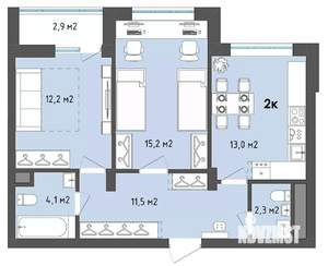 2-к квартира, сданный дом, 60м2, 6/13 этаж