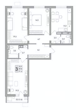 3-к квартира, вторичка, 91м2, 3/17 этаж