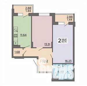 2-к квартира, строящийся дом, 62м2, 13/18 этаж