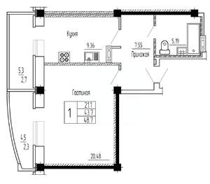 1-к квартира, вторичка, 49м2, 9/16 этаж