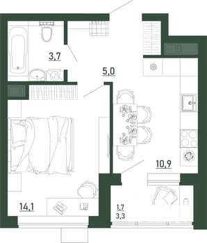 1-к квартира, строящийся дом, 35м2, 8/13 этаж
