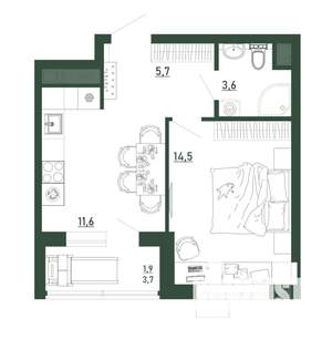1-к квартира, строящийся дом, 37м2, 2/13 этаж