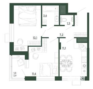 2-к квартира, строящийся дом, 50м2, 4/13 этаж