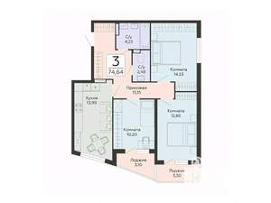 3-к квартира, строящийся дом, 75м2, 8/13 этаж