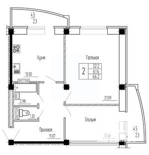 2-к квартира, строящийся дом, 66м2, 8/16 этаж